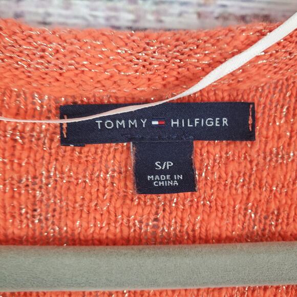 Tommy Hilfiger Stretch Knit Sweater Vibrant Orange w/ Gold Metallic Thred S/P - Picture 3 of 10